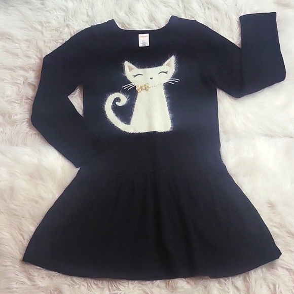 NWOT GYMBOREE Girl's long sleeve black sweater dress with fuzzy cat size 7 - Picture 1 of 5
